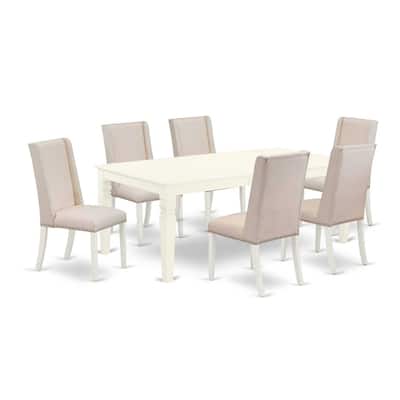 7-Piece Dining Room Table Set - Rectangular Table with 6 Parson Chairs - Linen White & Dark Khaki Finish - 84
