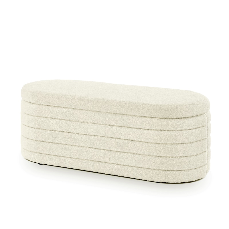 Modern Oval Storage Ottoman Bench,Upholstered Boucle Teddy Fabric End of Bed Bench with Storage,End of Bed Stool