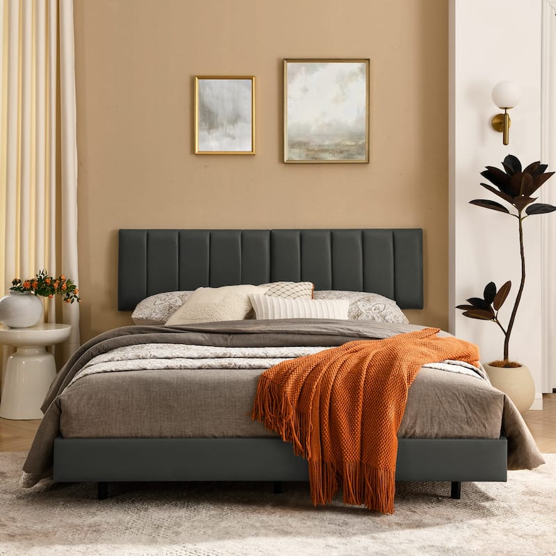Queen Low Profile Bed Frame Upholstered Platform Bed with Wall Mounted Headboard and Wood Slats, No Box Spring Needed, Grey