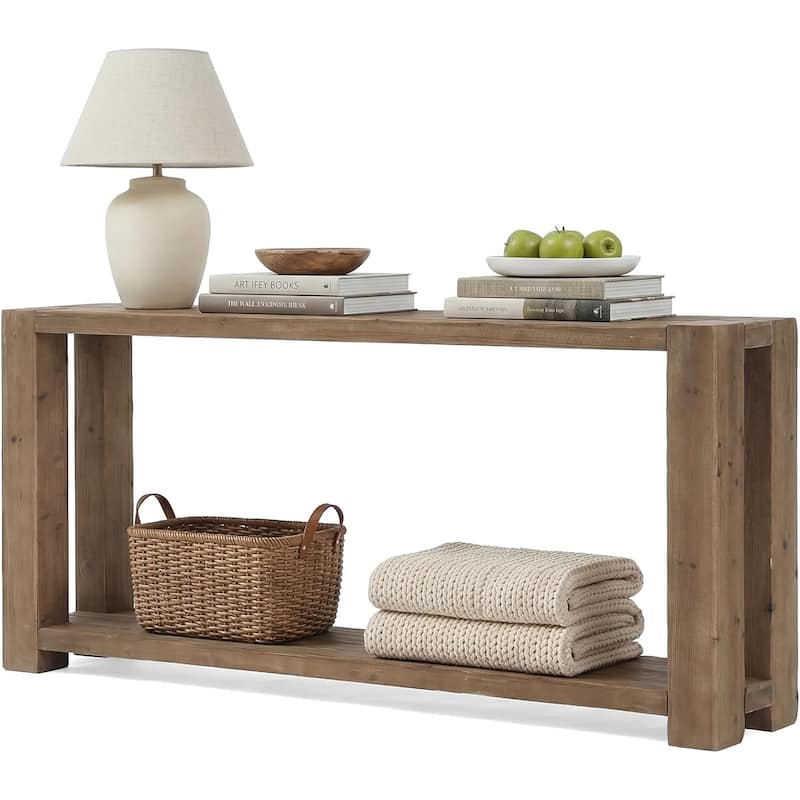 63-Inch Solid Wood Console Table, 2-Tier Farmhouse Rustic Entryway Table with Open Shelf - 11.81" W x 62.99" L x 31.5" H