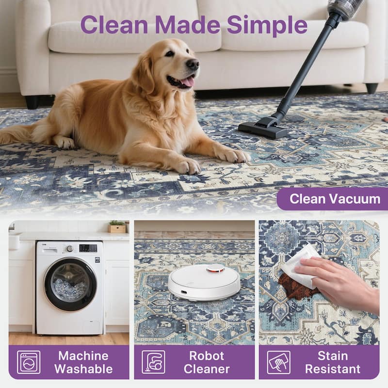 Mcow Floral Faded Low Pile Machine Washable Non-Slip Area Rug