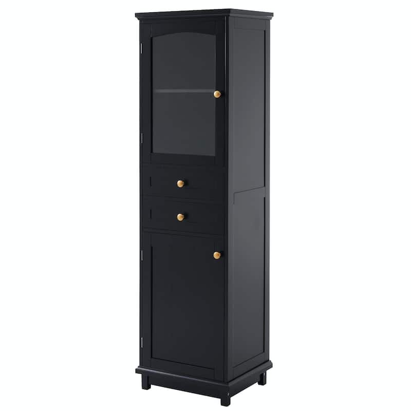 Tall Free-Standing Bathroom Storage Cabinet with Glass Doors and Two Drawers