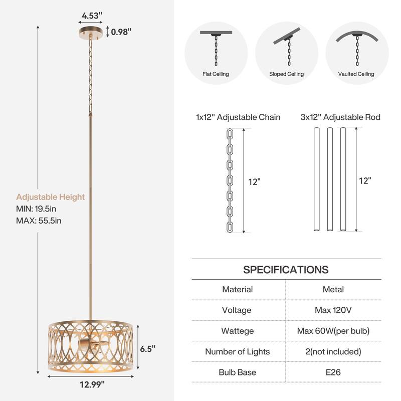 13" 2-Light Dimmable Modern Drum Chandelier with Adjustable Height