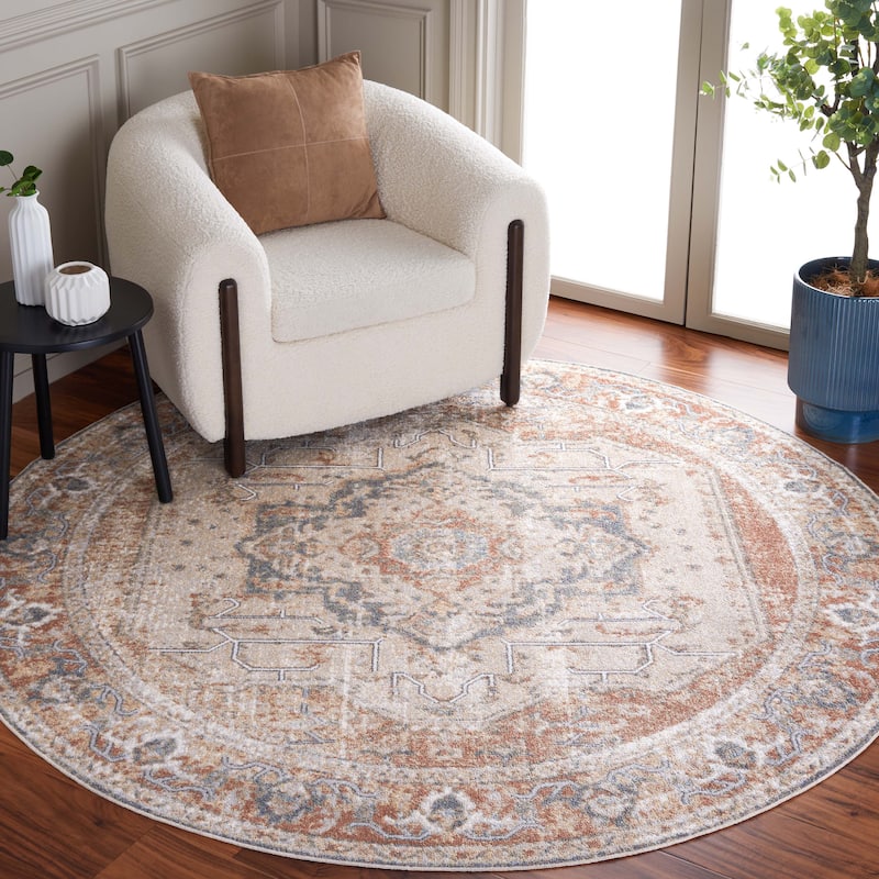 SAFAVIEH Baltimore Manal Machine Washable Shabby Chic Vintage Oriental - 6'7" x 6'7" Round - Beige/Rust - Round