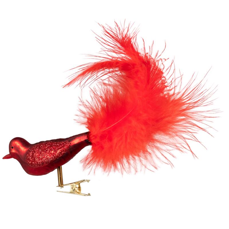 Glitter Winged Bird with Tail Clip On Glass Christmas Ornament - 5.5" - Red Orange