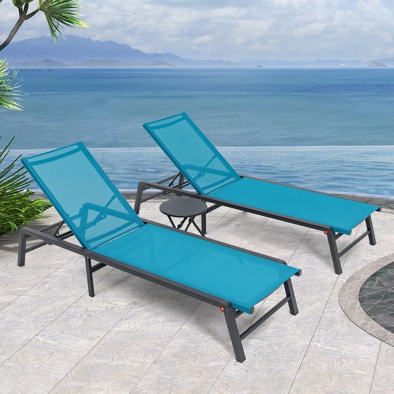 Foldable Lounge Chairs with 5 Reclining Positions and Round Table - N/A - Blue