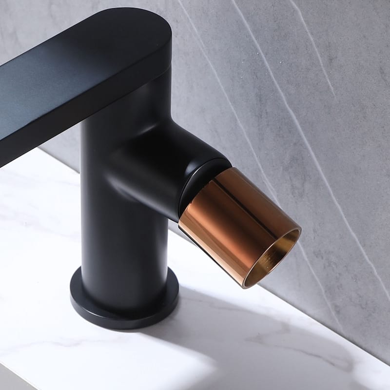Single Handle Single hole Bathroom Basin Faucet,Matte Black body and Rose Gold handles