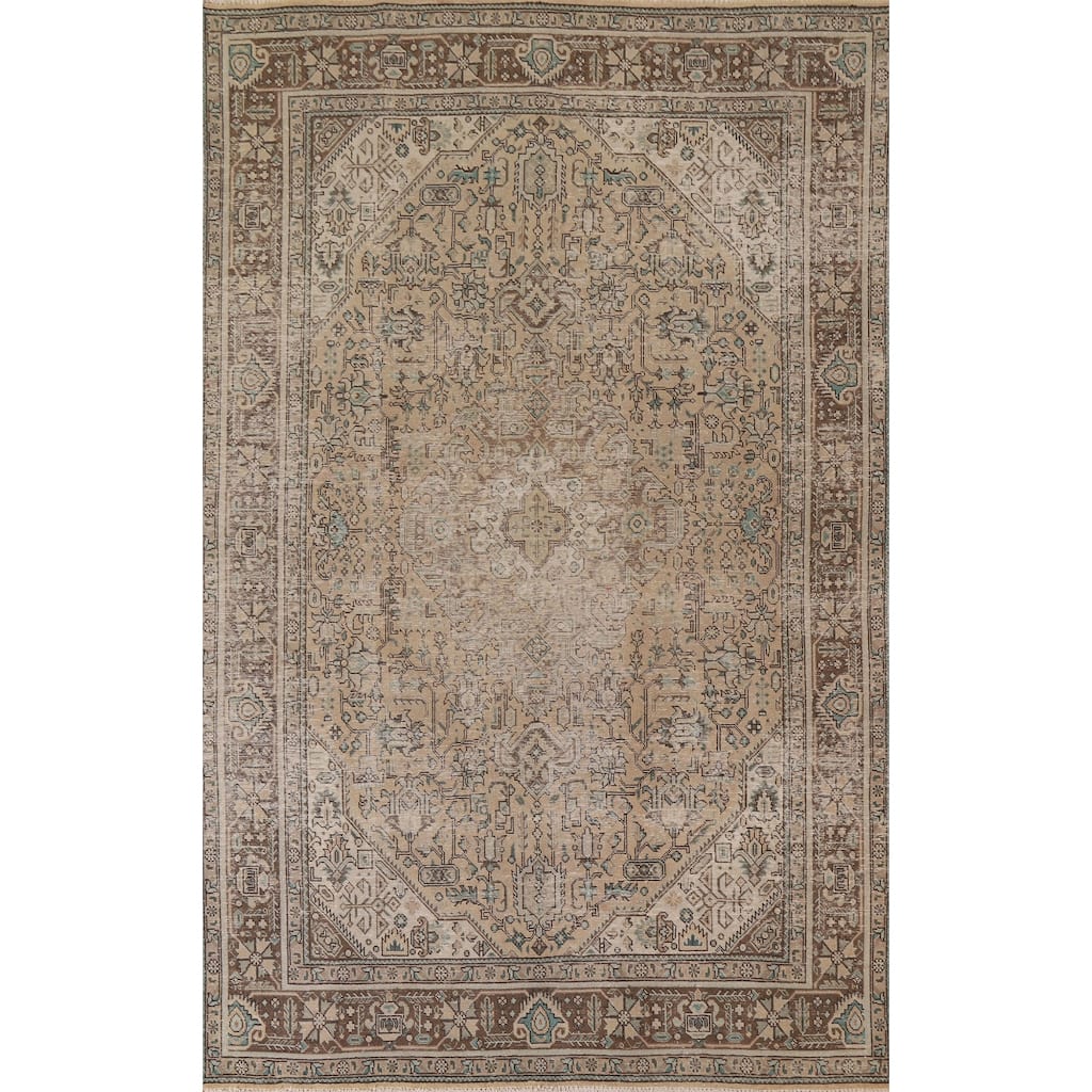 Hand Knotted Oriental 100% Wool Carpet Traditional Medallion Beige & Ivories Tabriz Area Rug - 9' 6'' X 6' 5''