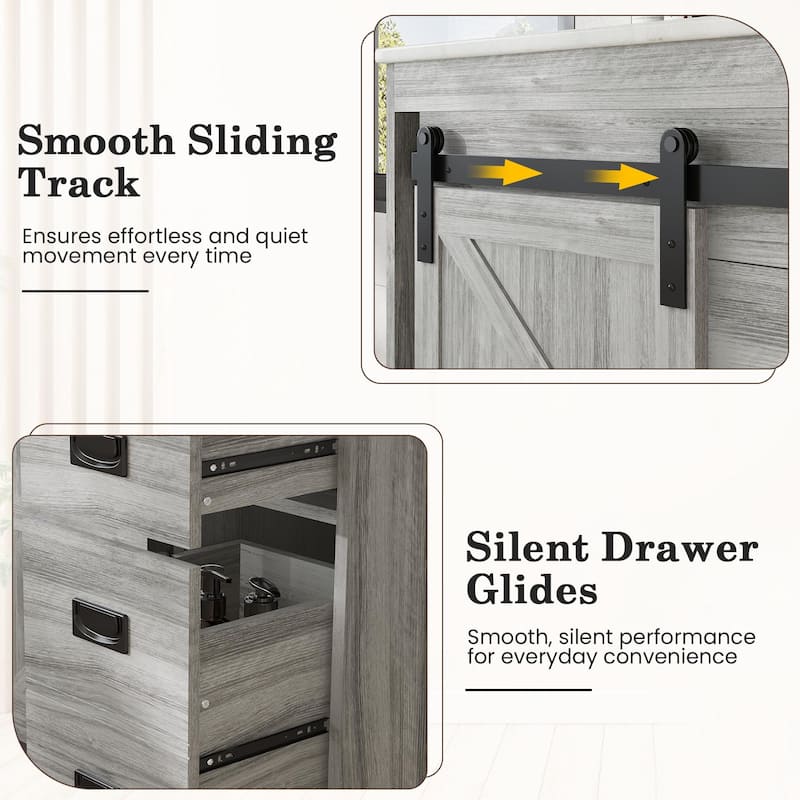 EROMMY Farmhouse Bathroom Vanity with Ceramic Top and Sliding Barn Door Sink Cabinet, Rustic Single Sink Vanity