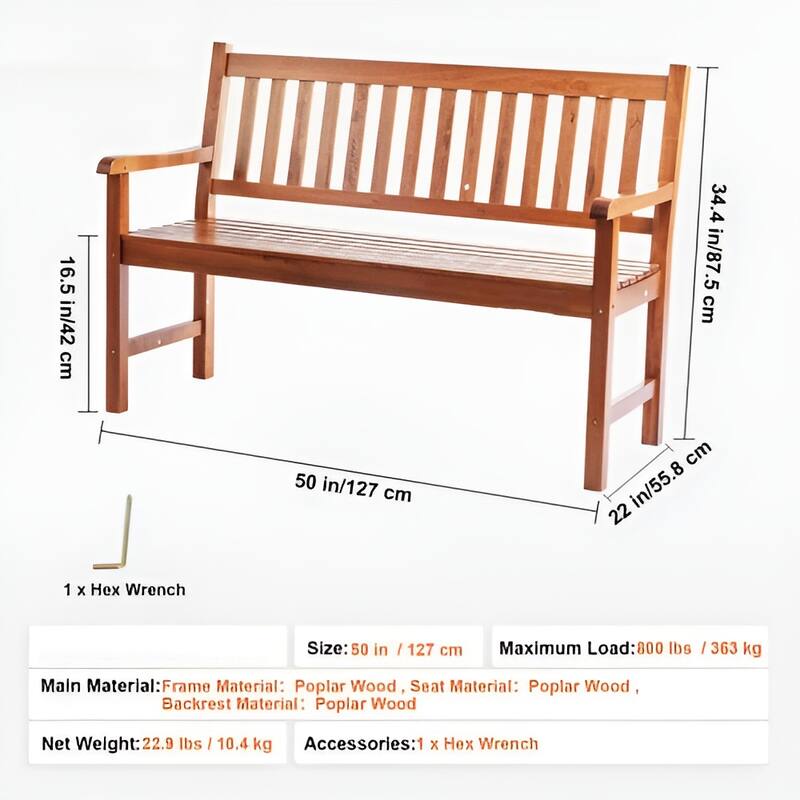 Natural Wood Outdoor Bench, 800lb Patio Seat with Backrest and Armrests - 22” L x 50” W x 34.4” H
