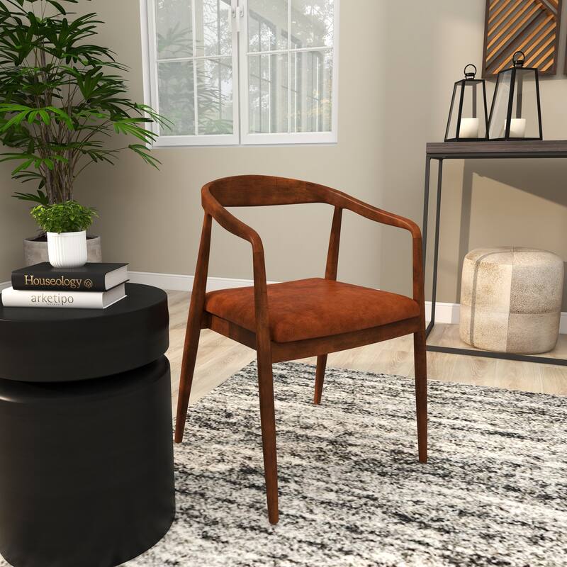 Brown Teak Wood Handmade Rounded Dining Chair with Leather Cushion - 20 x 21 x 32