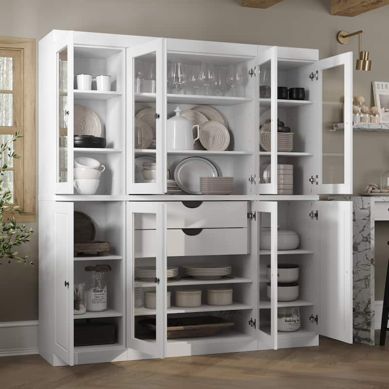 Palace Imports 100% Solid Wood Kitchen China Cabinet Pantry with Glass or Solid Wood Doors and 2-Drawer Kit - 65" x 71.5" - White - 6 Clear Glass-2 Solid