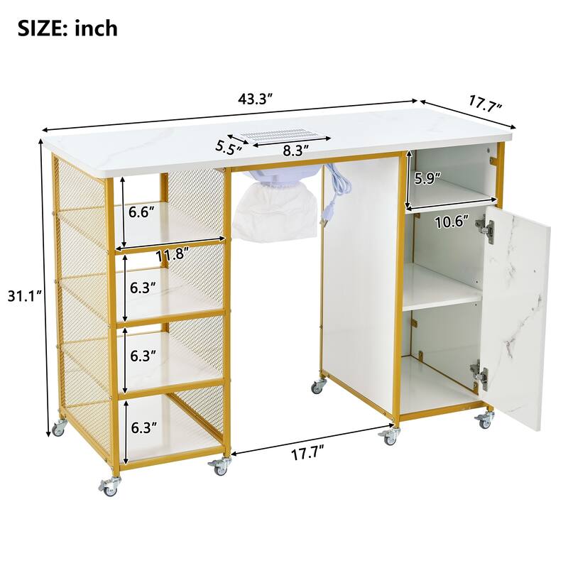 Manicure Table Marbling Texture Nail Table With Electric Downdraft Vent Wrist Cushion Lockable Wheels Storage Layers Cabinet