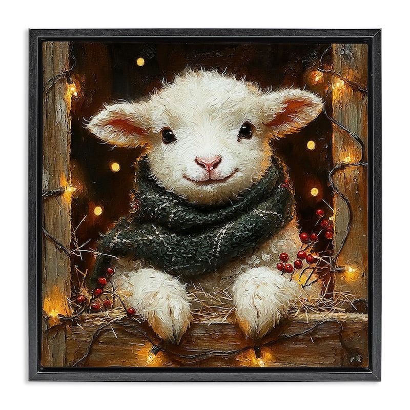 Stupell Festive Lamb with Holiday Lights Framed Floater Canvas Wall Art Design By Riley B - 25 x 25 - Black