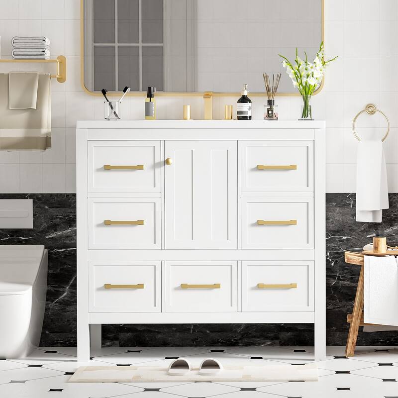 GDFStudio - Rivinia Modern Freestanding Bathroom Vanity Set with Resin Sink and 5 Drawers & Soft Closing Doors - 36'W - White