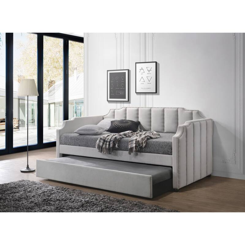 Peridot Dove Gray Velvet Daybed W/Trundle (Twin)