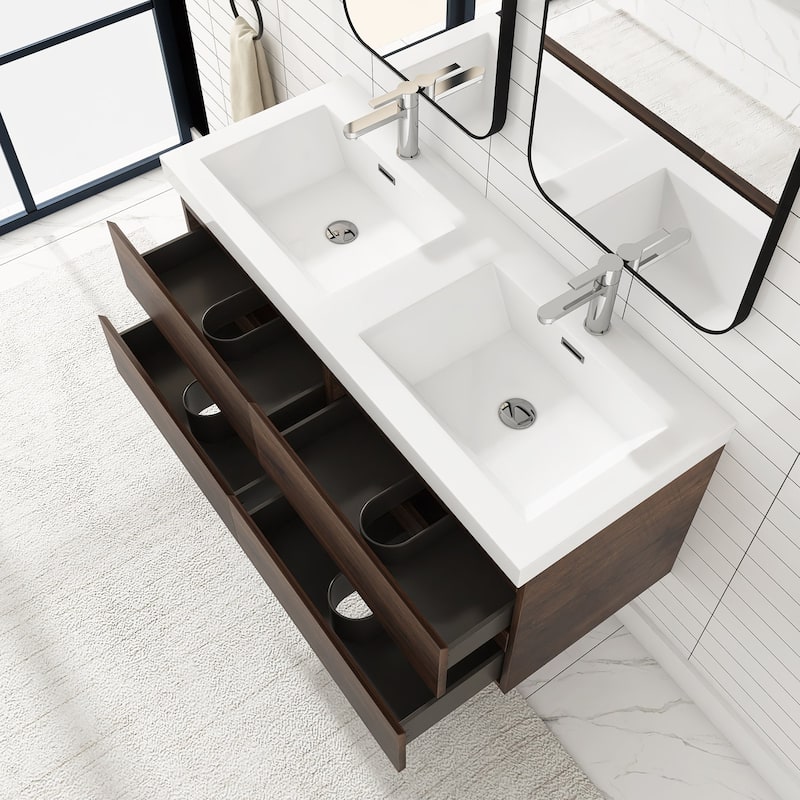 MDF Wall-Mounted Bathroom Vanity Set in Rose Wood with Integrated Culture Marble Sink