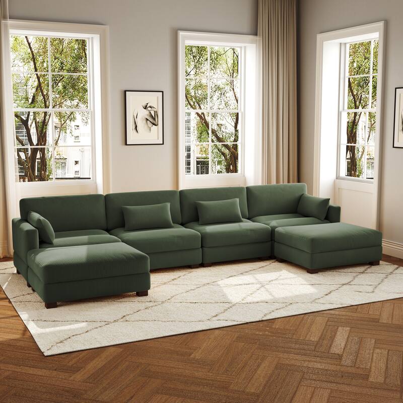 6-Piece U Shaped Couch Modular Sectional Sofa with Ottoman - Green