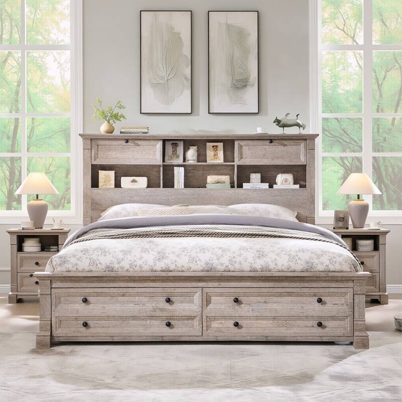 Farmhouse Bed Frame with 54" Tall Storage Bookcase Headboard