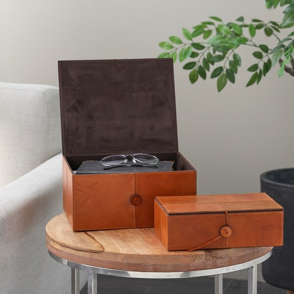 Brown Leather Storage Box with Snap Front Closure and Detailed