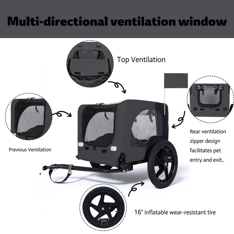 Heavy Duty Collapsible Pet Bike Trailer with 16" Wheels, Foldable Dog Bicycle Carrier Cart with Hitch & Reflectors