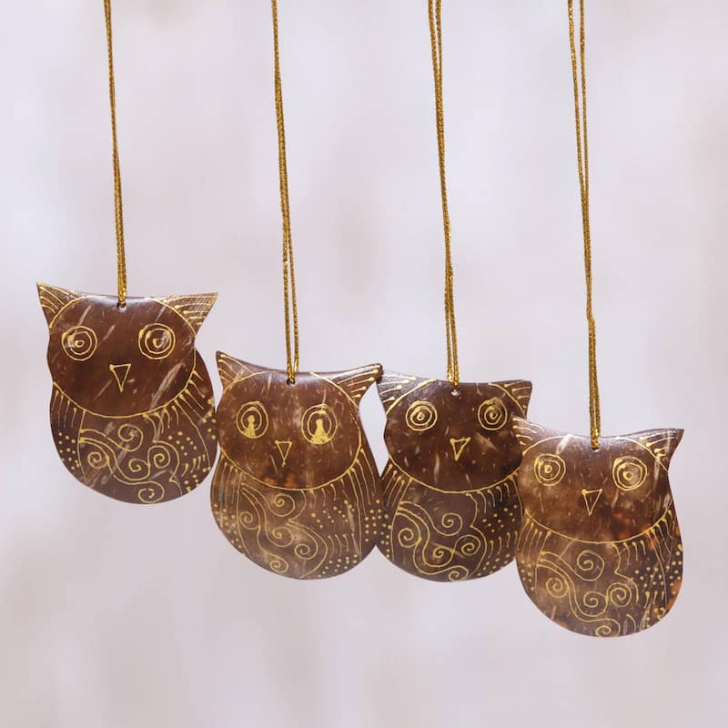 Novica Handmade Watchful Owls Coconut Shell Ornaments (Set Of 4)