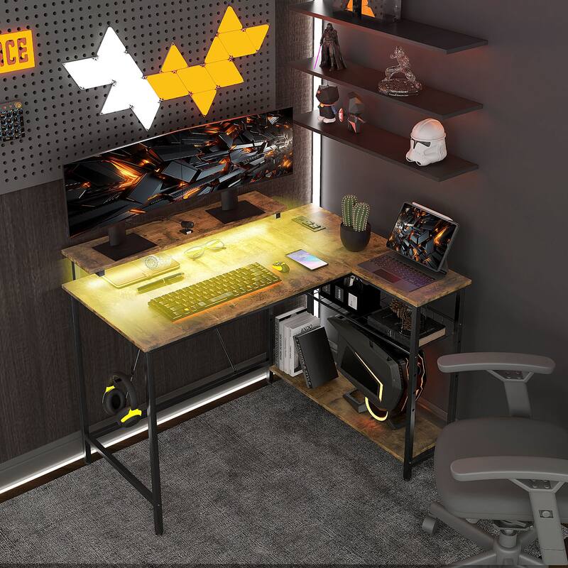 42" L Shaped Desk with LED Lights, Power Outlet, USB Charging Ports