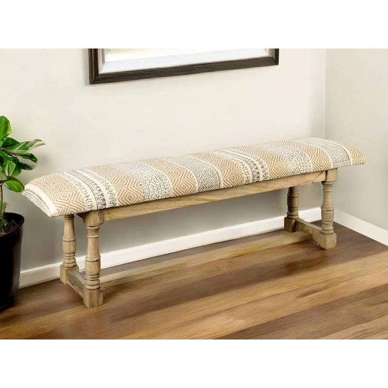 HomeRoots 59" Beige Orange and Brown Geometric Upholstered Jute Accent Bench - 59.0L x 14.3W x 19.0H