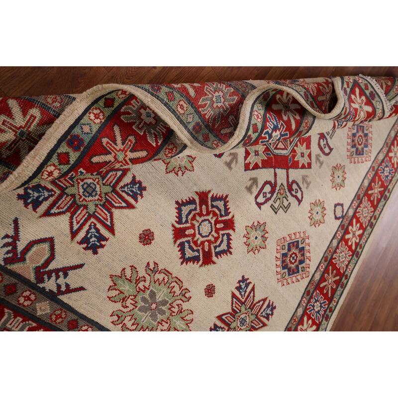 Beige / Ivory Geometric Kazak Rug Hand-Knotted Wool Carpet - 5'2" x 6'9"