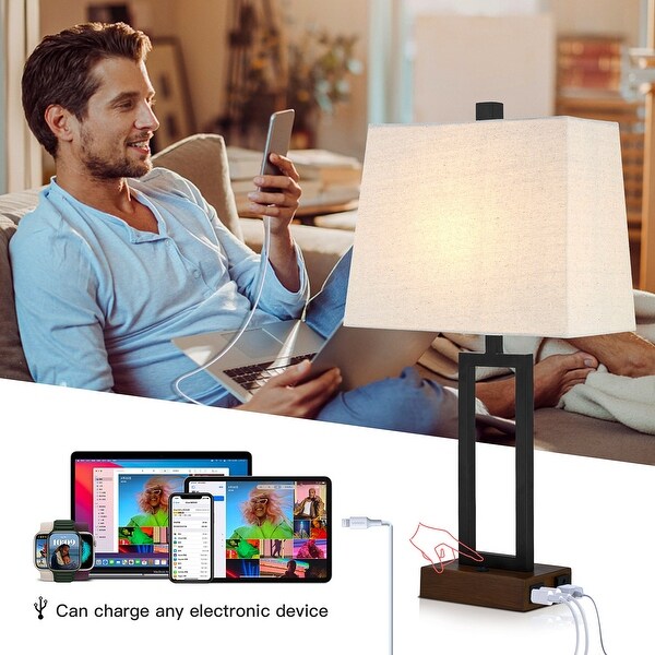 Table Lamp Black Metal Rocker Switch USB Port AC Outlet Set of 2