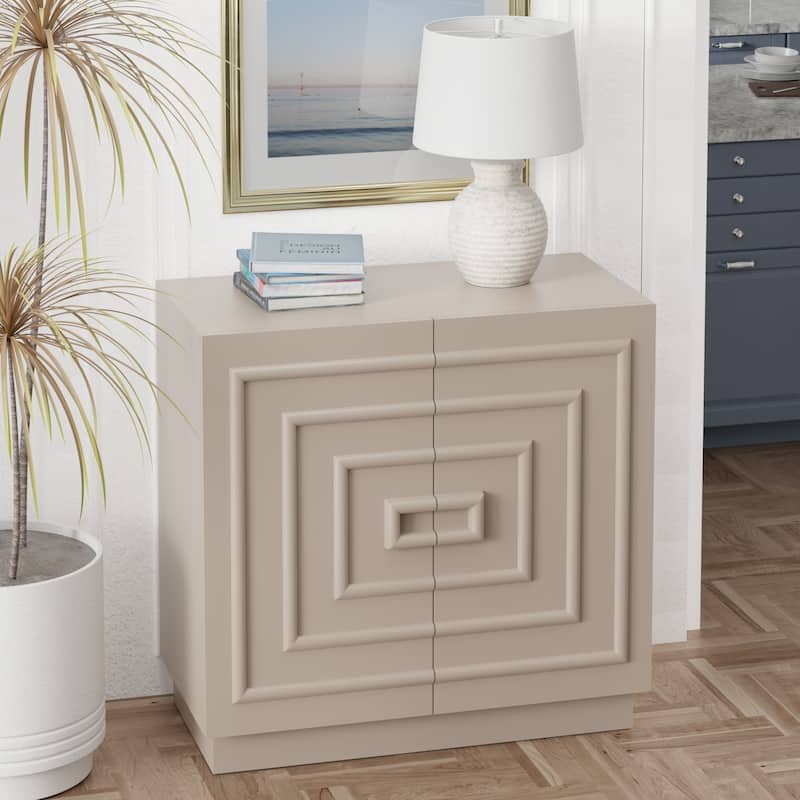 COZAYH Sculptural Modern 2-Door Storage Cabinet, Geometric Rustic Cabinet with Square Pattern, Contemporary Accent Cabinet