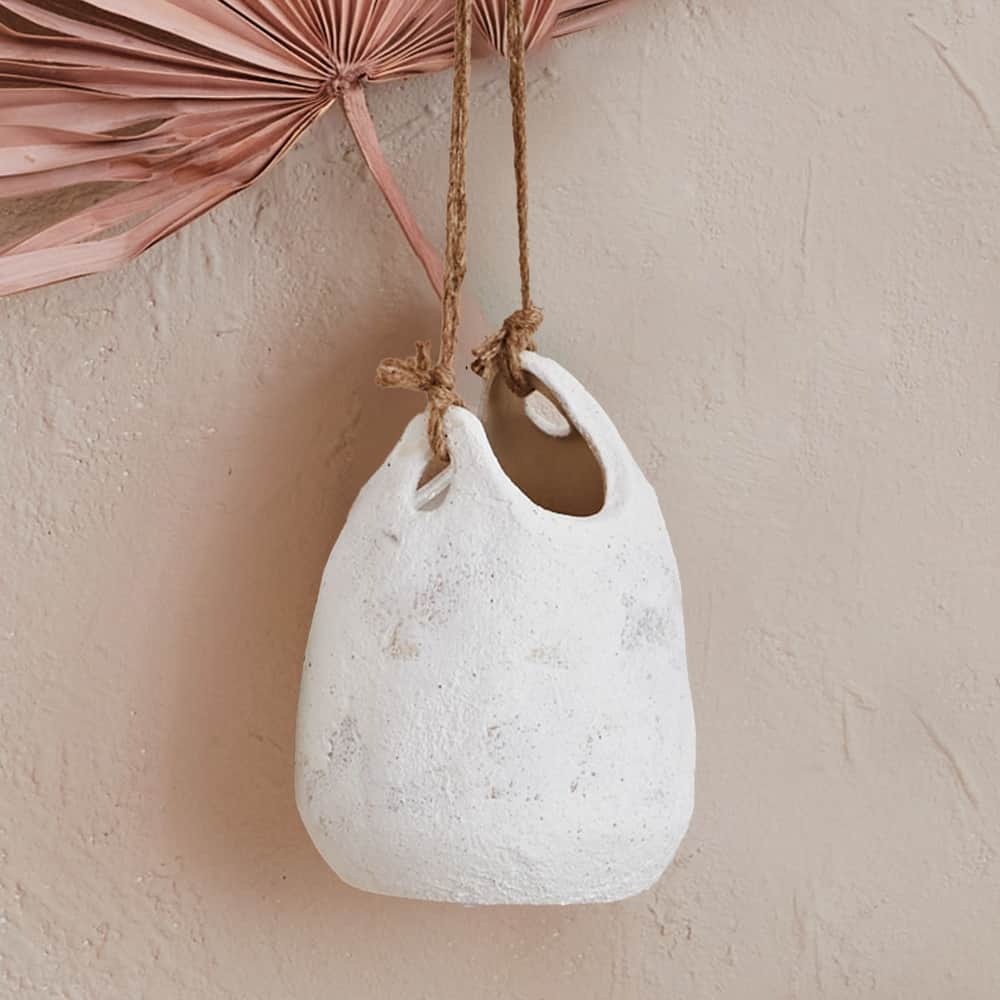 Hanging Stoneware Planter with Jute Rope Hanger and Distressed Finish
