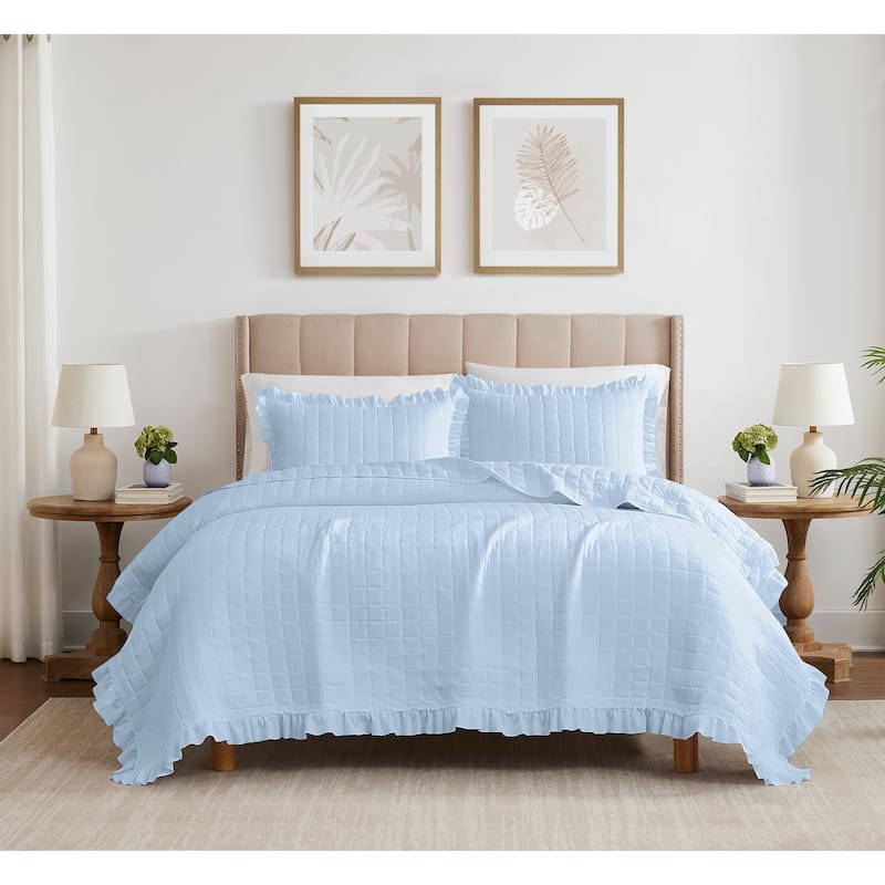 Belina Fringe Brushed Stitched Quilt with Shams - BLUE - King