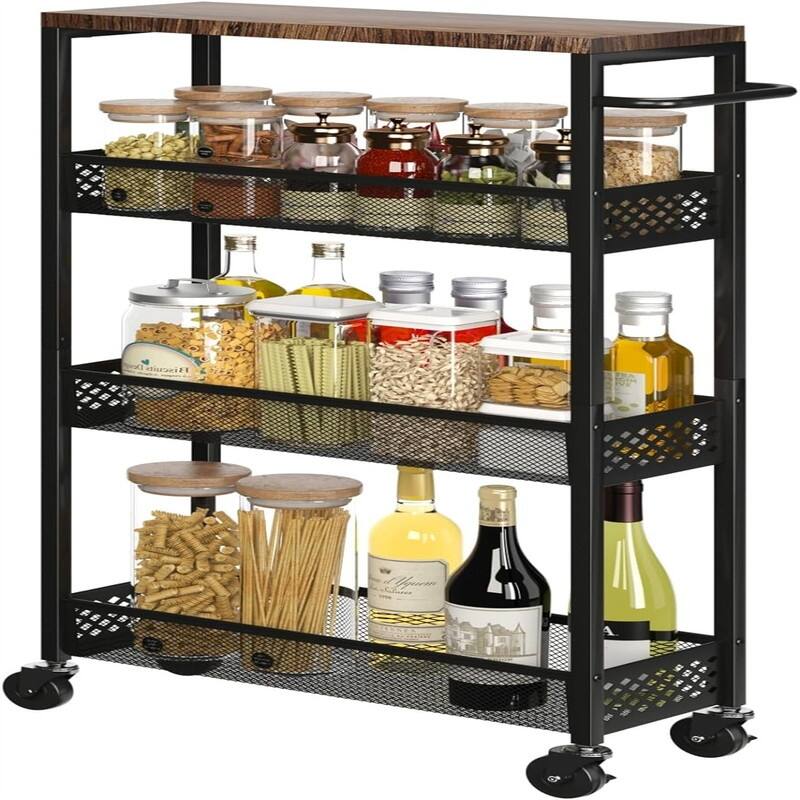 Storage Cart 4 Tier Narrow Kitchen Rolling Cart on Wheels for Small Space - 16.7"D x 7.1"W x 34"H - Black 16.7"D x 7.1"W x 34"H
