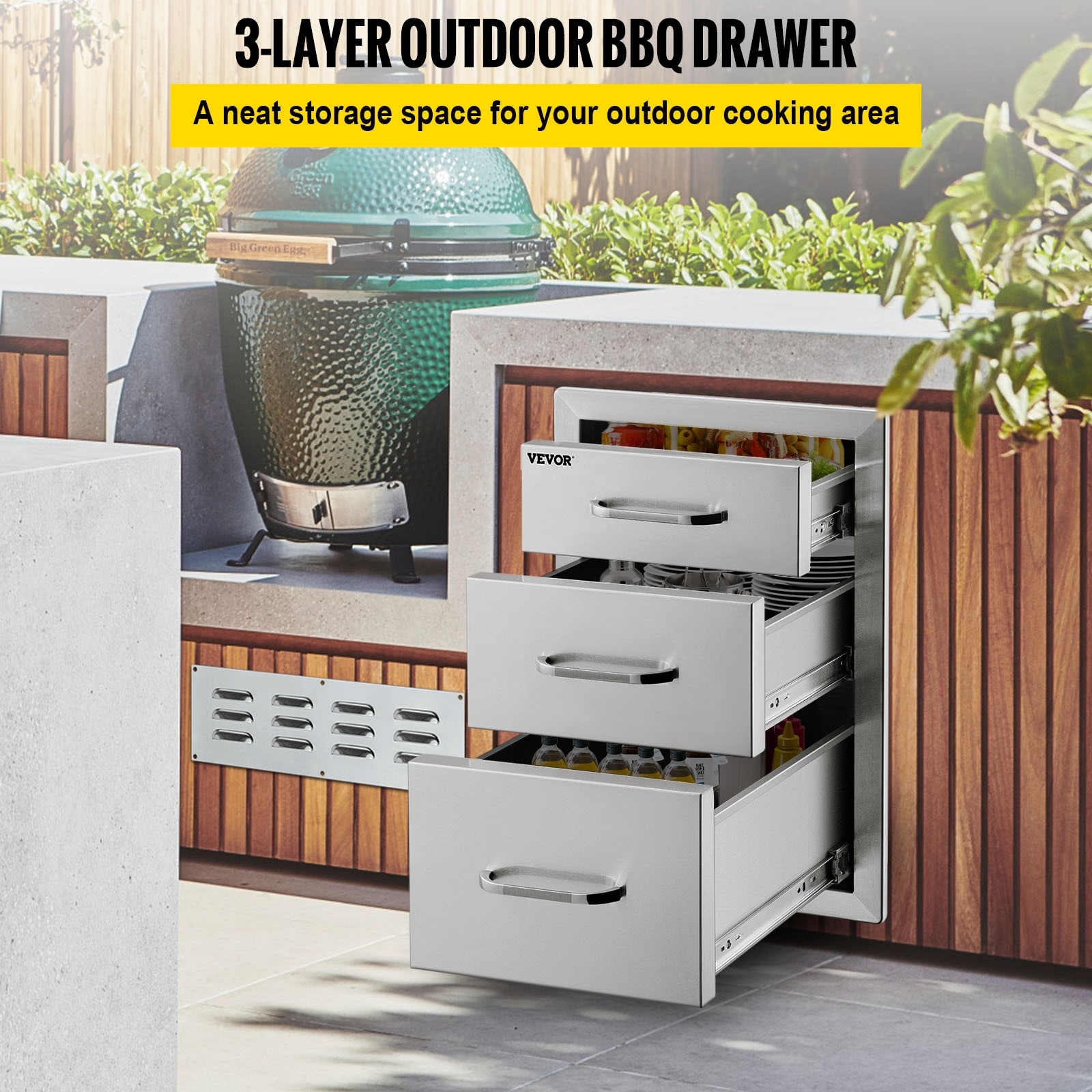 Outdoor kitchen stainless steel drawers top