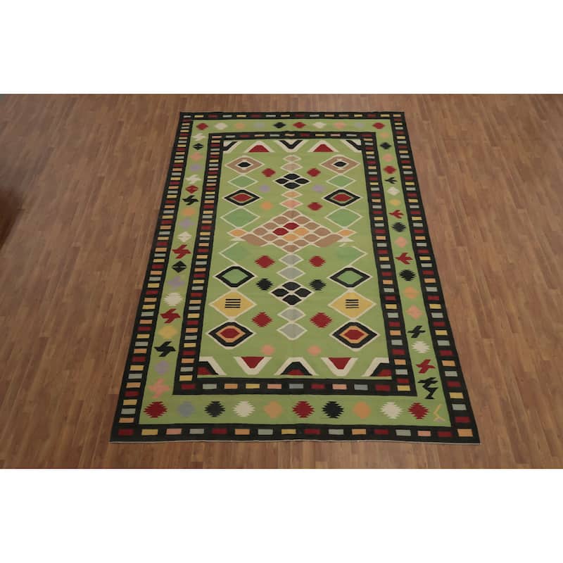 Hand Woven Oriental 100% Wool Carpet Southwestern Tribal Green Kilim Area Rug - 13' 4'' X 8' 5''