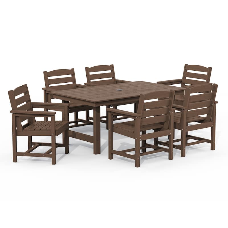 7-Piece HDPE Outdoor Dining Table Sets with Umbrella Hole - 1-Table 6-Chairs - Brown