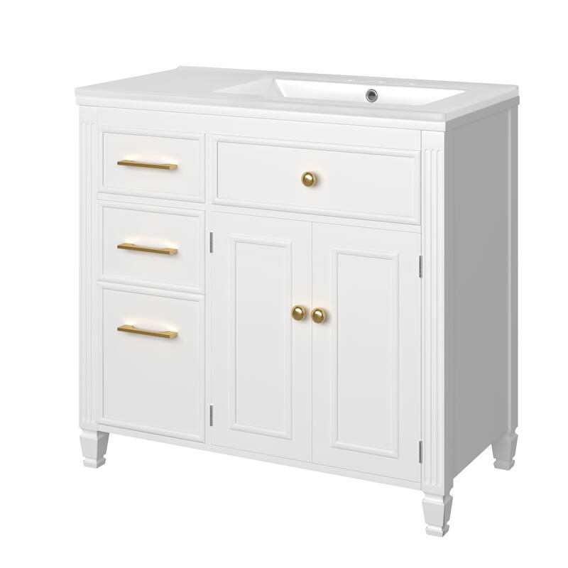 Roomfitters Bathroom Vanity with Sink, Ceramic Basin with One Tip-out Drawer, Three Side Drawers and Adjustable Shelf
