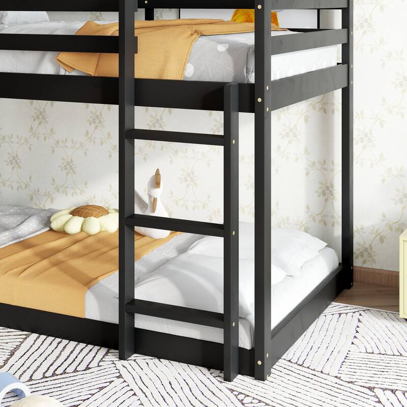 House-shaped Bed Frame, Twin Over Twin Low Bunk Bed with House Roof, No Slats Floor Bed, Ladder and Guardrails, Floor Bunk Bed