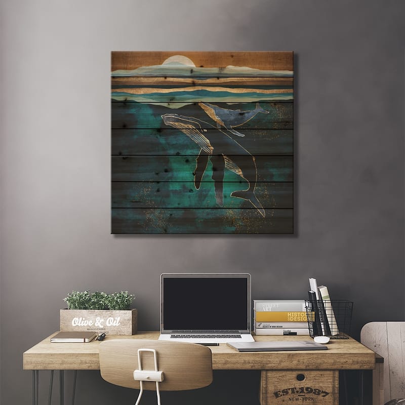 Moonlit Whales Print On Wood by SpaceFrog Designs - Multi-Color