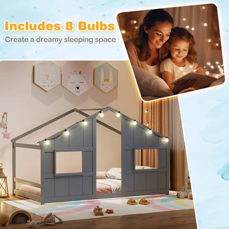 Costway Twin Size House Floor Bed with LED Lights Solid Wood Bed Frame
