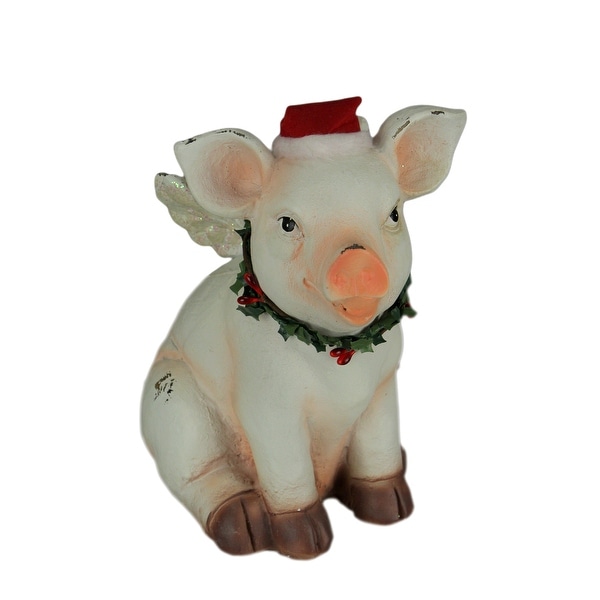 White Christmas Angel Pig Heavenly Holly Hog with Wings Statue - 7.5 X 6.5 X 4.75 inches