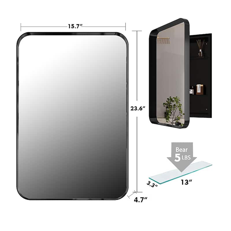 Metal Framed Medicine Cabinet 16"x24" with Mirror and Tempered Glass Shelves, Recessed or Wall Mount
