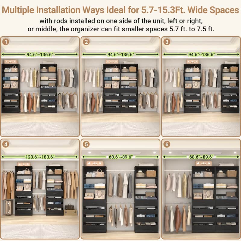 Qvella 95''-136'' W Closet System with 8 Wooden Drawers and 4 Hanging Rods, Walk-in Closet Organizer with 6 Storage Shelves