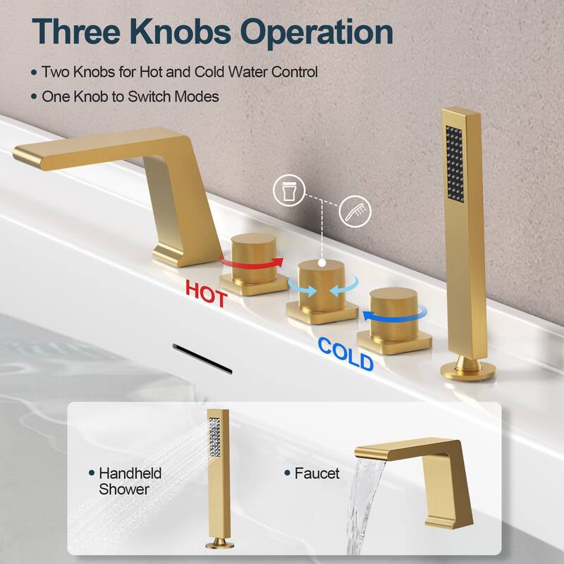 GRANDJOY Deck Mount Bathtub Spout and Handheld Shower Head Combo 5 Hole Design High Pressure