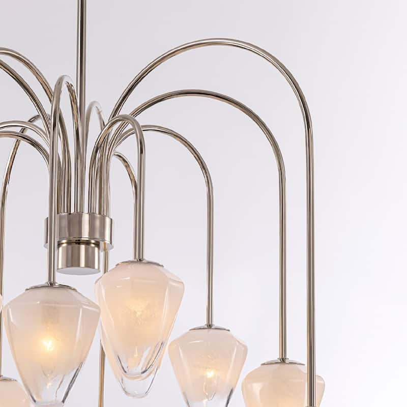 VidaLite Nimbus 12-Light Polished Nickle Chandelier With Snow White Glass Shades, Modern & Contemporary Style - 29" x 36"