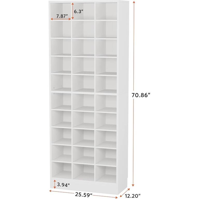 25" 10-Tier White Wooden Shoe Storage Cabinet, Modern 30-Cubby