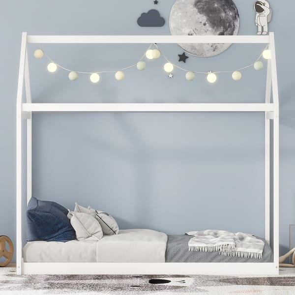 slide 2 of 9, Charming Wooden Twin House Bed - Fun & Durable Pine Design for Kids