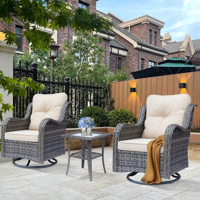3 Piece Outdoor Patio Conversation Wicker Furniture Swivel Chairs Sets - Beige-Gray Rattan