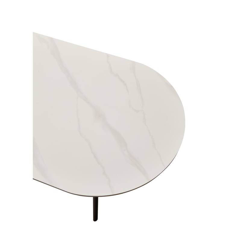 Oval Coffee Table with Bright Sintered Stone Top, 2-Tier Center Table with Metal Frame and Walnut finish Storage Shelf